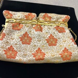 Vintage Floral Satin Like Fabric Women's Bag Gold & Orange w/ Rhinestone Accent